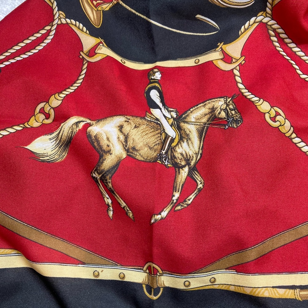 Equestrian Scarf Vintage Italy Horses Black Red Gold Cowgirl Western